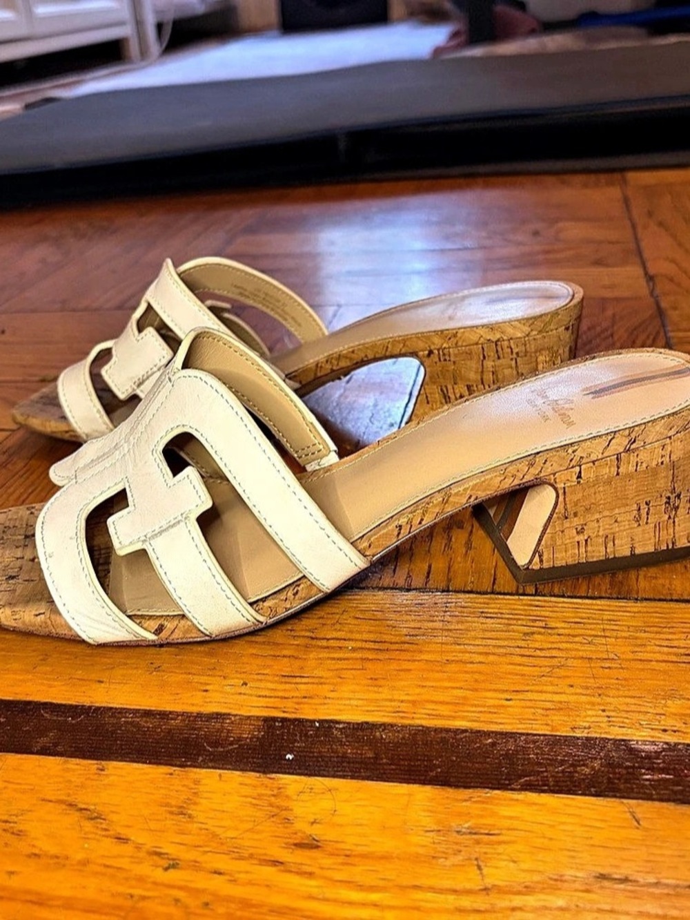 Sam Edelman Valeri Slide Sandal Cork Wedge Heels in White & Brown - Size 7